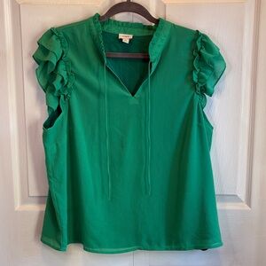 J. Crew Emerald Ruffle Sleeve Tie-Neck Blouse